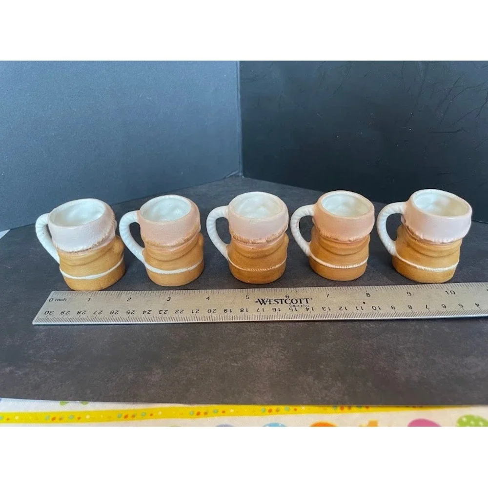 Vintage Praying Friar Monk Ceramic Decanter and 5 Shot Glass Mugs Set Tan